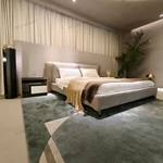 Dual-Material Upholstered Bed with Beige Leather & Grey Fabric Headboard & Low-Profile Base